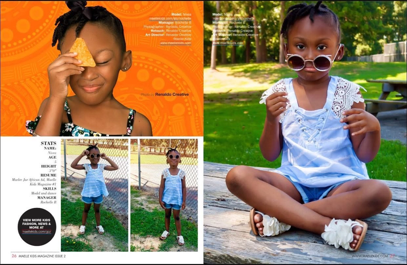 A cute young girl poses playfully with a snack, showcasing her modeling portfolio in a vibrant magazine layout.