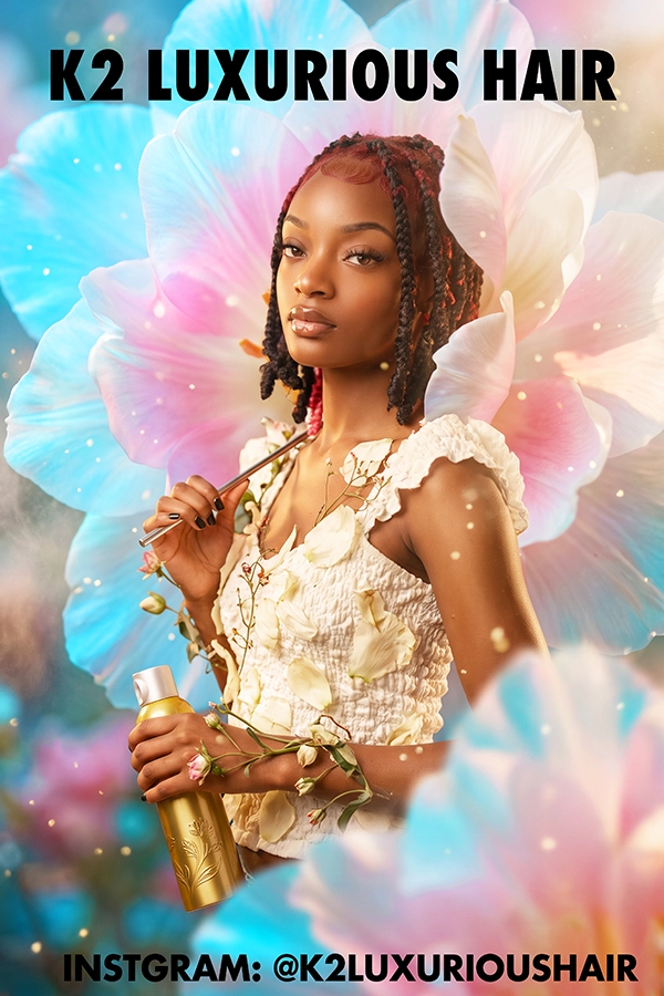 K2 Luxurious Hair fashion portrait showing a model in a floral dress holding a gold hair mist bottle against pastel flowers