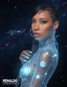 Futuristic space woman portrait with holographic body lights and glowing neural orbs against a starry galaxy backdrop