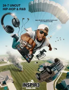 INSPIR3 RADIO promo featuring DJ JStone falling with DJ controller, headphones, mini keyboard and flipped SUV over suburb