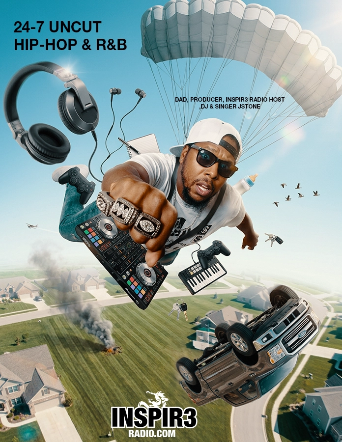 INSPIR3 RADIO promo featuring DJ JStone falling with DJ controller, headphones, mini keyboard and flipped SUV over suburb