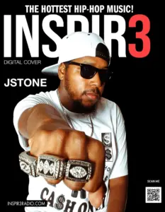 Hip-hop artist JStone showcases his style on the digital cover of INSPIR3, promoting the hottest music.