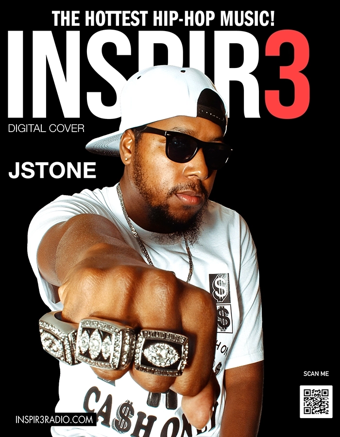Hip-hop artist JStone showcases his style on the digital cover of INSPIR3, promoting the hottest music.