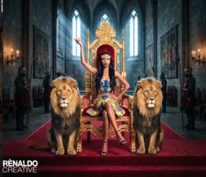 Queen Johnese seated on an ornate golden throne between two regal lions in a cathedral-like hall with guards